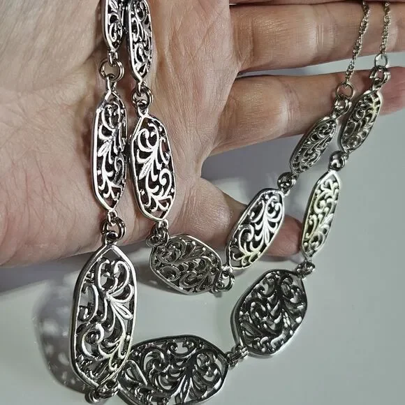 Silver Tone Layered Filigree Chain Necklace 20-23" - Picture 3 of 14
